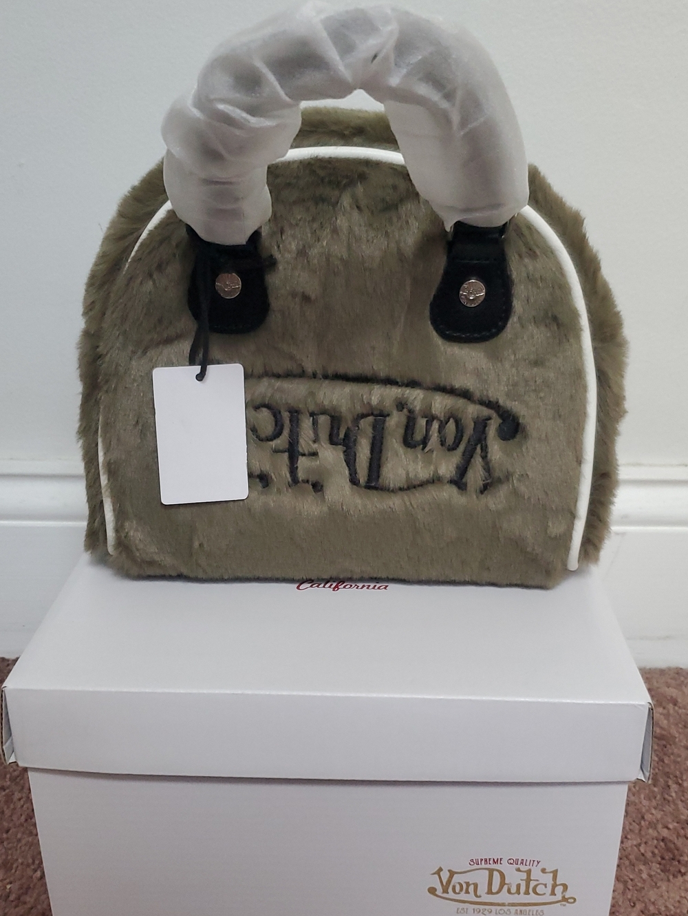 Von Dutch Olive Faux Fur Mini Dome Bag with White Trim
